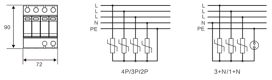 WB-B60 型 二级电源防雷器 尺寸原理图 WB-B60 型 二级电源防雷器 尺寸原理图